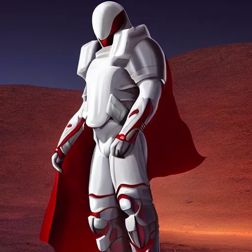 Prompt: portrait of a tall muscular infantry man in glossy sleek white armor with small red details and a long red cape, heroic posture, determined expression, on the surface of mars, night time, dramatic lighting, cinematic, sci-fi, hyperrealistic, movie still