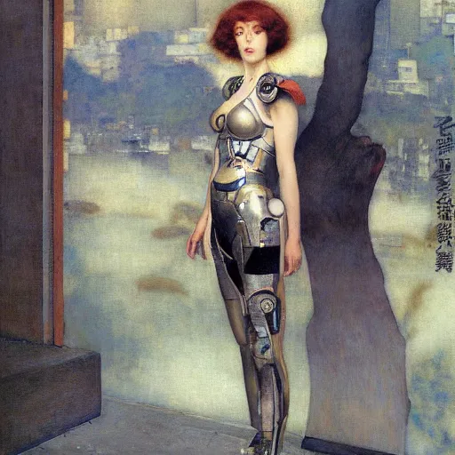 Image similar to masterpiece full body portrait cyborg woman in Tokyo, by Edgar Maxence and Ross Tran and Michael Whelan and Gustav Klimpt