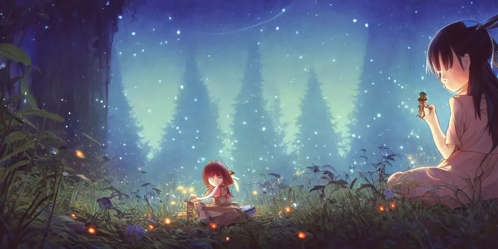 Prompt: small girl and the fireflies, by the pond in a forest, night sky. anime, fantasy, smooth. digital painting, by hayao miyazaki and rossdraws and artgerm and detmold and greg rutkowski and alphonse mucha. artstation. beautiful, high quality, stunning, intricate detailed environment. 8 k