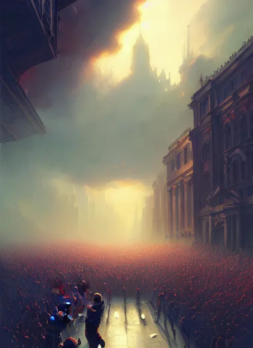 Image similar to painting of a crowd with raised arms pointing toward, demonstration in city, cinematic view, epic sky, detailed, concept art, low angle, high detail, warm lighting, volumetric, godrays, vivid, beautiful, trending on artstation, by jordan grimmer, huge scene, art greg rutkowski