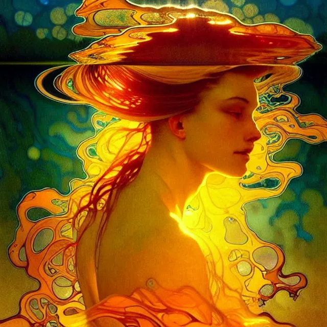 Image similar to mind bending ocean waves of glossy psychedelic liquid honey drops flowing like kaleidoscopic translucent amber, lsd waves, dmt ripples, crystal clear, backlit, sunset, refracted lighting, art by collier, albert aublet, krenz cushart, artem demura, alphonse mucha