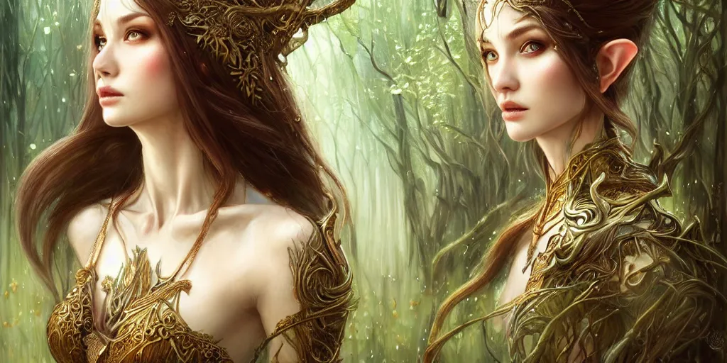 Prompt: a portrait of a female elf sorceress bathing in a forest lake by karol bak and jia ruan, beautiful detailed eyes, cute, fantasy, intricate, elegant, highly detailed, digital painting, 4 k, hdr, concept art, detailed jewelry, smooth, sharp focus, illustration, art by artgerm
