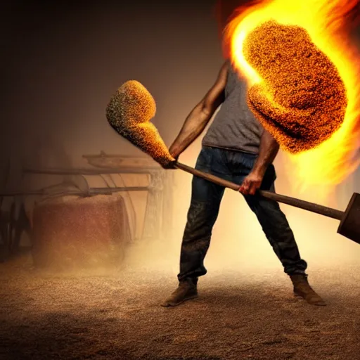 Image similar to a very strong blacksmith swinging his hammer he is made of psychedelic dust clouds dancing in the wind, hyper realistic, roaring fire, midday, realistic lighting, psychedelic dust, psychedelic dust, psychedelic dust, Very strong Blacksmith, photo realistic, 4k
