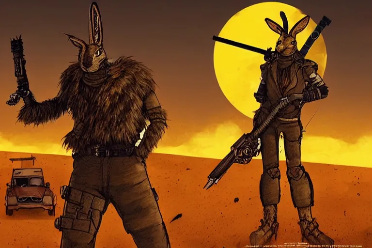 Image similar to a good ol'jackrabbit fursona ( from the furry fandom ), heavily armed and armored facing down armageddon in a dark and gritty version from the makers of mad max : fury road. witness me.