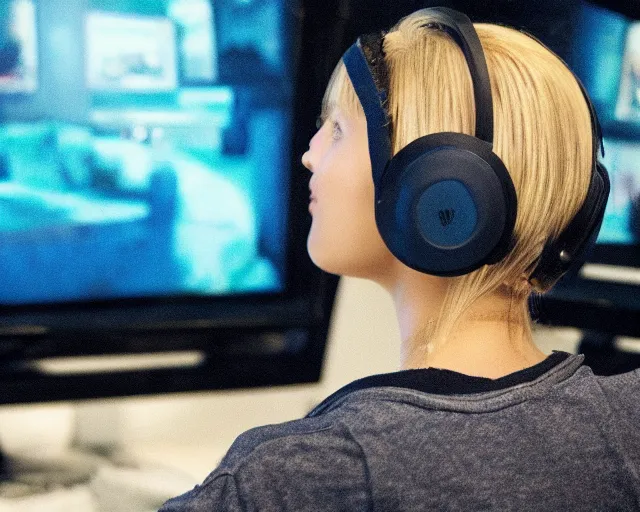 Prompt: view from behind of a cute beautiful blonde woman wearing headset playing game, watching television displaying call of duty, intricate detail, cinematic composition