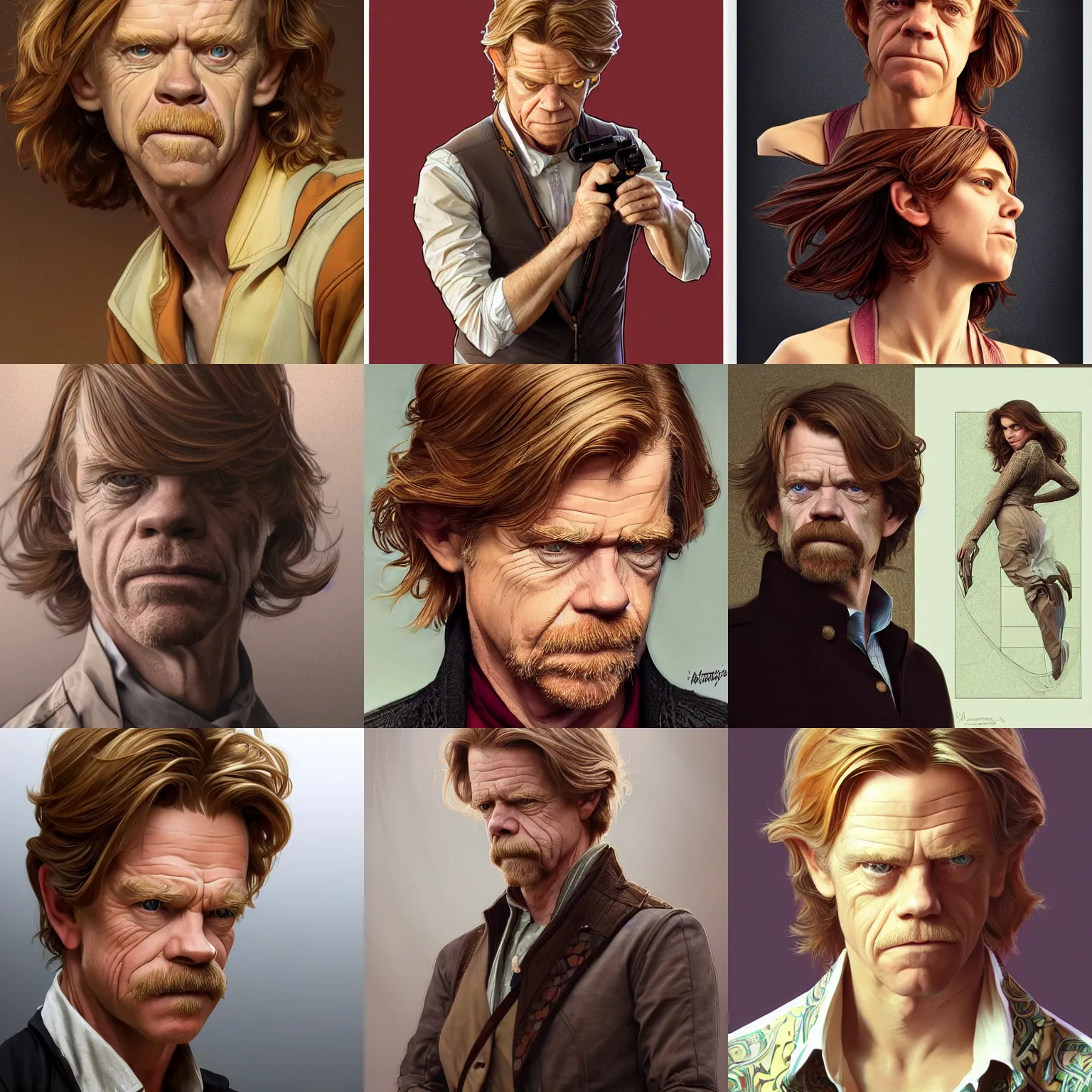 Prompt: very very beautiful longshot photo of william h. macy, intricate, elegant, highly detailed, artstation, concept art, smooth, sharp focus, illustration, art by artgerm and moebius and alphonse mucha