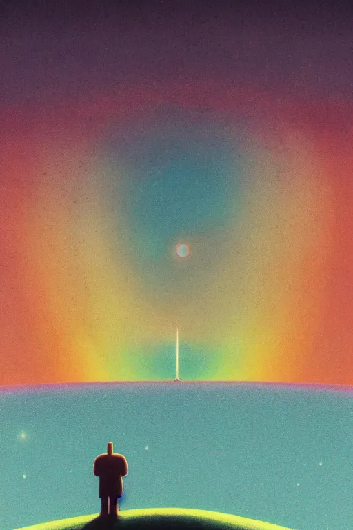 Image similar to a scifi apocalipse in space of a spiritual being dreaming psychedelic hallucinations in cosmos, rainbow colored clouds, by kawase hasui, moebius, Edward Hopper and James Gilleard, Zdzislaw Beksinski, Steven Outram, unreal engine, highly rendered, hd, 8k, artstation