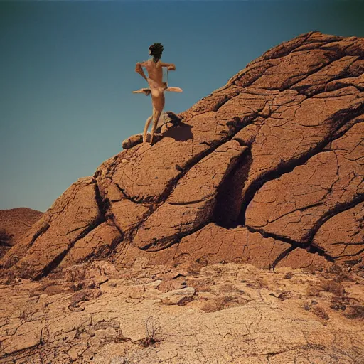 Image similar to mick jagger in a dry rocky desert landscape, visible sky and sunny atmosphere, fata morgana by alejandro jodorowsky, anamorphic lens, kodakchrome, 8 k -