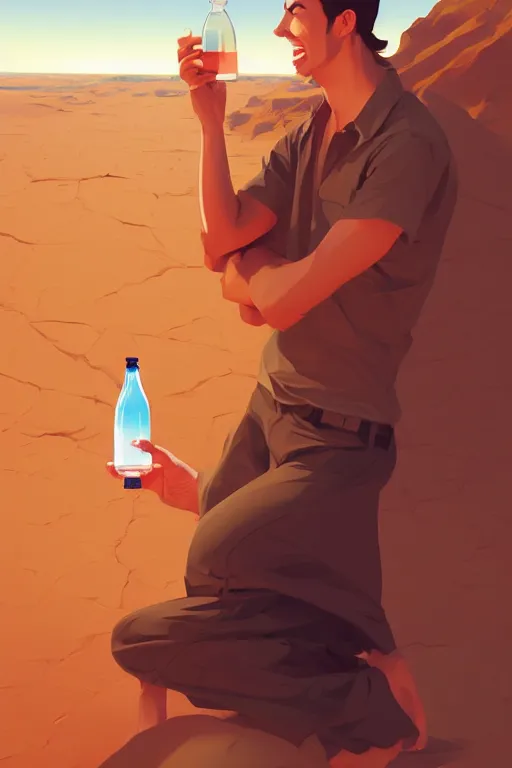 Image similar to funny drinker with bottle in his hand in the desert, smooth face, centered median photoshop filter cutout vector behance hd by artgerm, jesper ejsing, by rhads, makoto shinkai and lois van baarle, ilya kuvshinov, rossdraws, illustration, art by ilya kuvshinov and gustav klimt