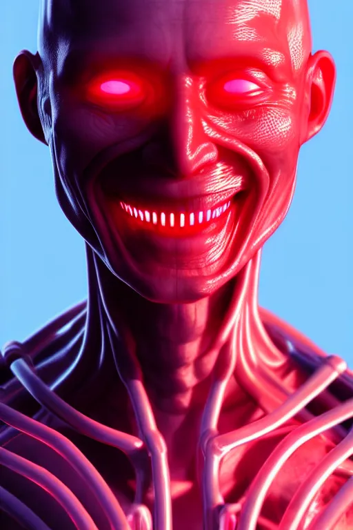 Image similar to hyperrealistic close-up translucent exoskeleton!! smiling chinese man covered highly detailed concept art eric zener elson peter cinematic hard red lighting high angle hd 8k sharp shallow depth of field