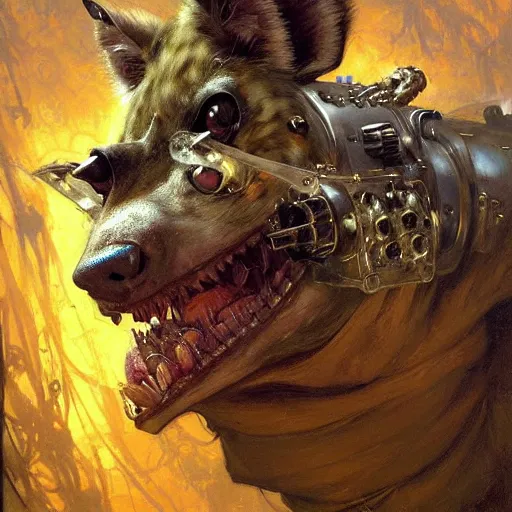 Prompt: portrait of a hyena gnoll dentist. shadowrun furaffiniy cyberpunk fantasy highly detailed painting by gaston bussiere craig mullins jc leyendecker gustav klimt artgerm greg rutkowski john berkey, bergey, craig mullins, ruan jia, raymond swanland, jeremy mann, tom lovell, alex malveda