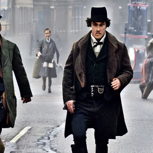 Image similar to [UHD candid photo of Sherlock Holmes running down the streets of futuristic steampunk London, correct face, accurate details, graphic detail, sharp focus by Annie Leibowitz]