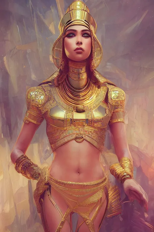 Image similar to egyptian princess, gorgeous, portrait, powerful, intricate, beautiful, masterpiece, elegant, volumetric lighting, digital painting, highly detailed, artstation, sharp focus, illustration, Hajime sorayama, ruan jia