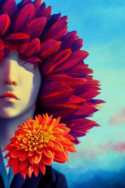 Image similar to closeup giant dahlia flower head, girl in a suit, surreal photography, blue sky, sunrise, dramatic light, impressionist painting, digital painting, artstation, simon stalenhag