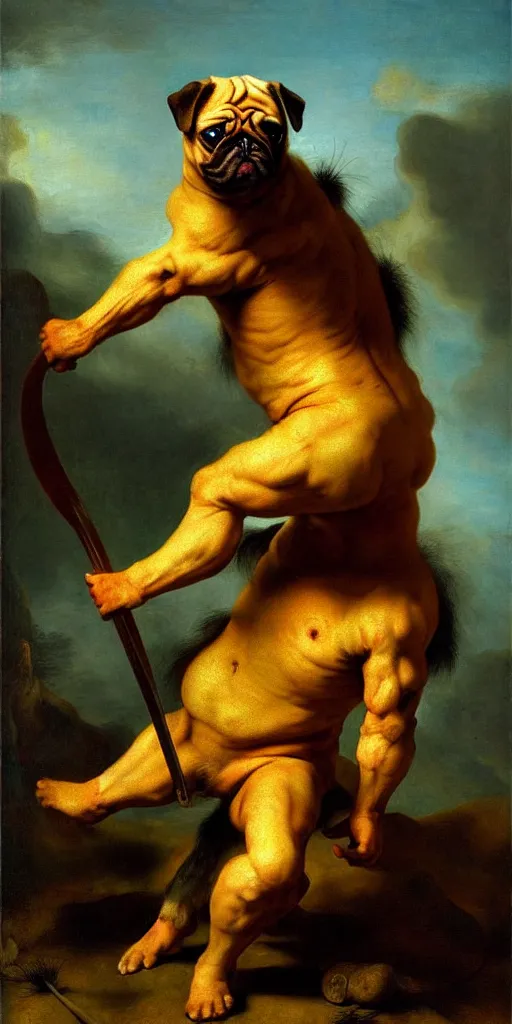 Prompt: muscular pug dog as barbarian hunter full hairy body fighting pose , sun rays , big shadows, small bird sihouettes in cyan background , very textured detailed oil painting by rembrandt , hard backlight , in dark cave