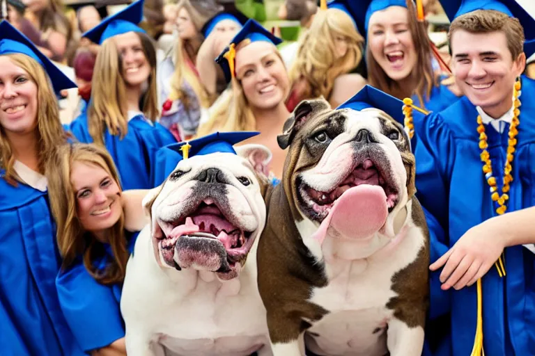 Image similar to a crowd of high school graduates petting an english bulldog wearing a crown, english bulldog wearing a plastic crown