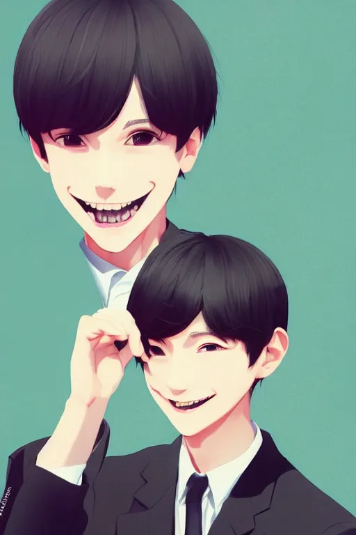 Prompt: a headshot of a very happy yoongi gummy smile - short black hair wearing male school uniform, sharp focus, illustration, morandi color scheme, art station, high detailed, by ilya kuvshinov