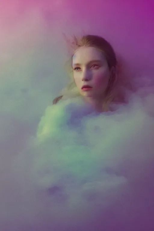 Image similar to high quality pastel coloured film close up wide angle photograph of a model wearing clothing resting on cloud furniture in a icelandic black rock environment in a partially haze filled dreamstate world. three point light, rainbow. photographic production. art directed. pastel colours. volumetric clouds. pastel gradient overlay. waves glitch artefacts. extreme facial clarity. 8 k. filmic.