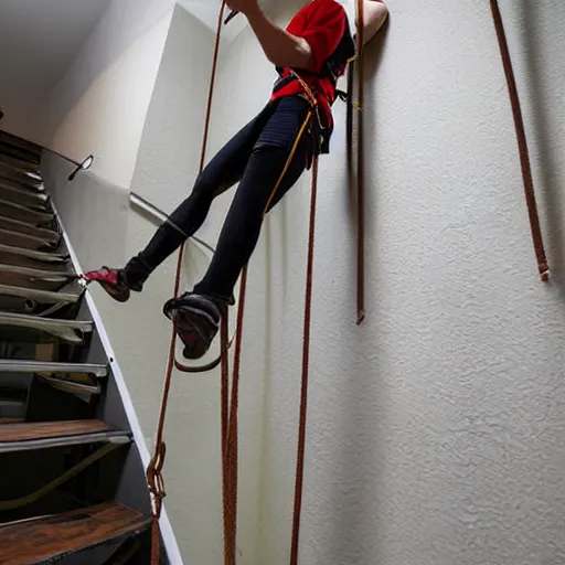 Image similar to A climbing expedition climbing the stairs of a regular apartment building. They are using ropes, pickaxes and other professional climbing gear in order to climb the stairs. Photograph, f/8, room lighting, indoor