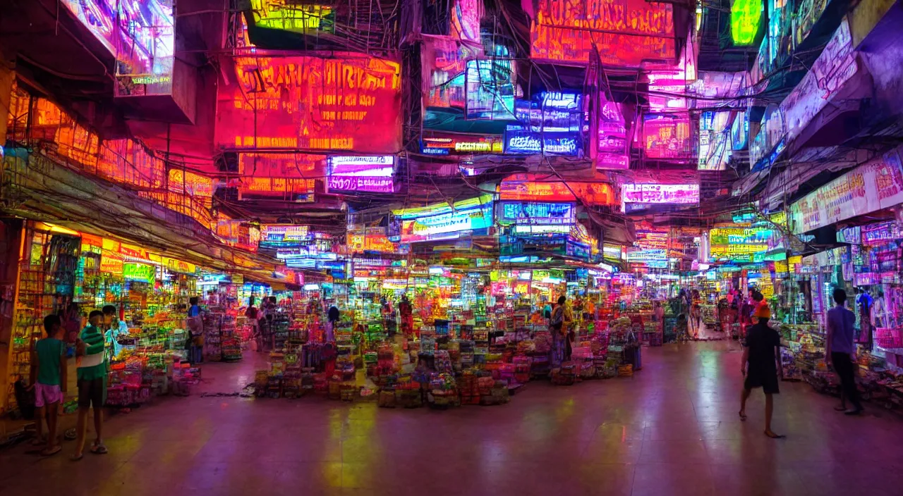 Image similar to Cyberpunk Shopping Center, futuristic Phnom-Penh Cambodia, neon lighting