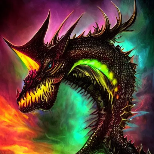 Image similar to a portrait of a dark entropy dragon, detailed, fantasy, scary, realistic, frightening, ornate, horns, spikes, fluorescent colors