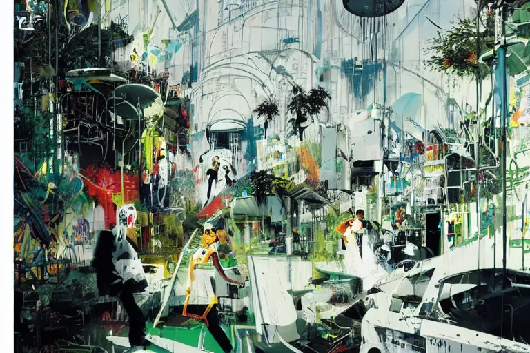 Prompt: a solarpunk white plastic wall by john berkey, covered in graphitti by banksy, basquiat, cleon peterson, dramatic cinematic lighting, manicured solarpunk greenery, high fashion futuristic people walk past