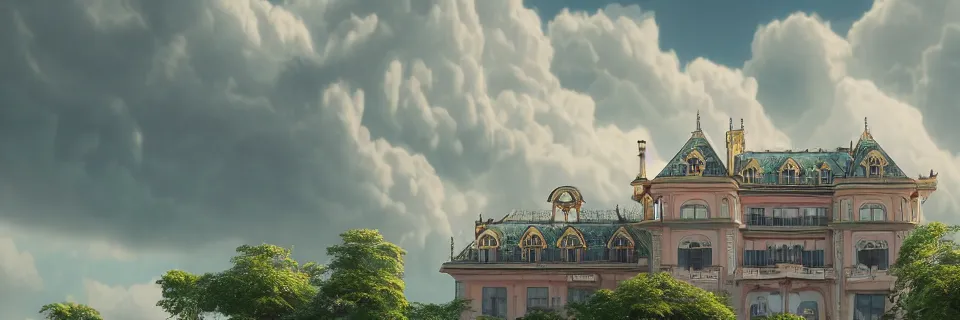 Prompt: beautiful digital illustration of an Art Nouveau palace in the sky, realistic clouds, pastel color scheme, reflecting pool, concept art, deviantArt, artsation, artstation HQ, HD, 16k resolution, octane, finalRender, Unreal Engine