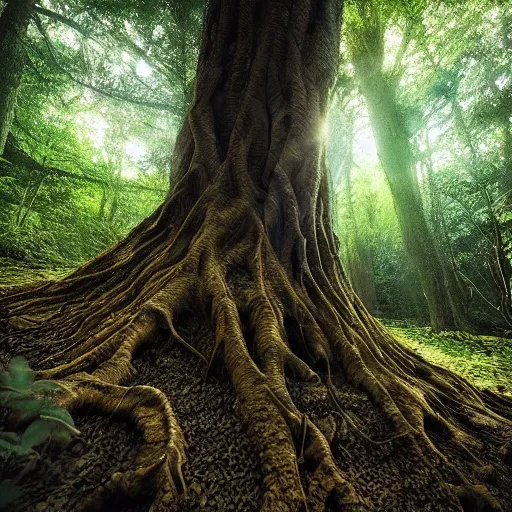 Prompt: massive lake, massive tree, roots, treant, subtle patterns, intricate texture, highly detailed, alien world, fungal, light shafts, light diffusion, natural, fireflies, magical, ferns, wildlife,