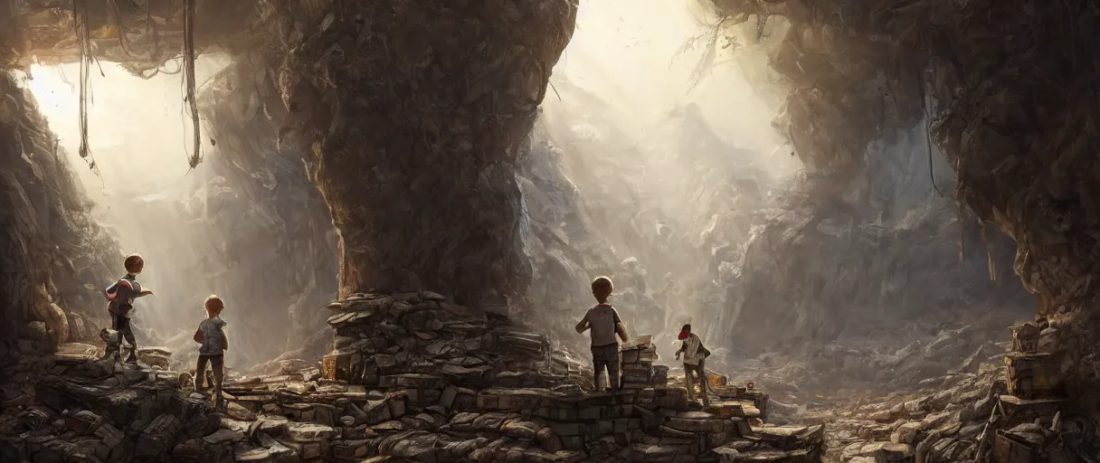 Prompt: a beautiful and highly detailed painting of a pair of young imaginative boys and their dog as they look at an ancient forgotten library they discovered at the bottom of a massive canyon in a post apocalyptic wasteland of destroyed books | cgsociety, trending on artstation | octane, unreal engine :. 4 | fantasy art :. 3