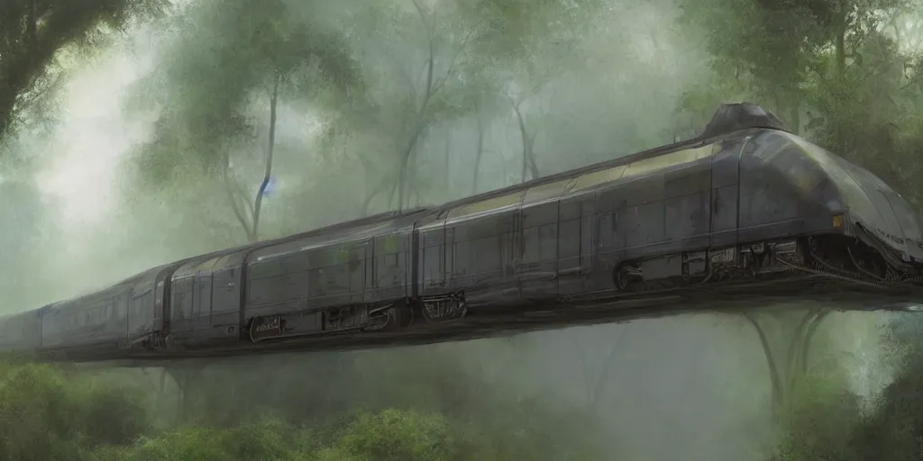 Prompt: futuristic train in the mist of the jungle, artstation, james gurney