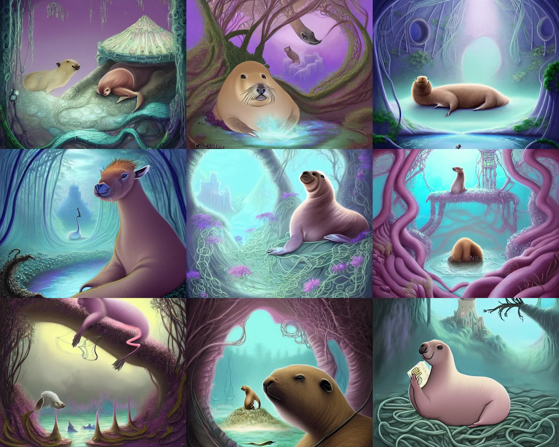 Prompt: beautiful digital fantasy illustration of a Prince in pastel!!!, whimsical acrylic modern pop surrealism, Even Giger-y dark overlords living in the ruins of an ancient system of tunnels and caves like to be comfy every once in a while!, A seal sleeping peacefully in a kelp forest, magic the gathering lands art!!, capybara cowboys!!!!, highly detailed, soft lighting, rendered in octane, masterpiece, very very very aesthetic