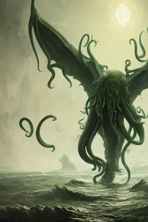 Prompt: cthulhu emerging from the ocean with wings spread, digital art, magic the gathering, a mountain walked or stumbled, mtg, by greg rutkowski, trending on artstation