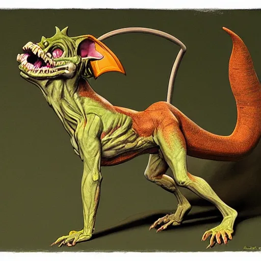 Prompt: dog - faced muscular goblin, ugly face, lizard tail, holding scimitar made of bone, scimitar, colorized, green skin, hyper - detailed, primeval fantasy, prehistoric fantasy, art by jacques - louis david