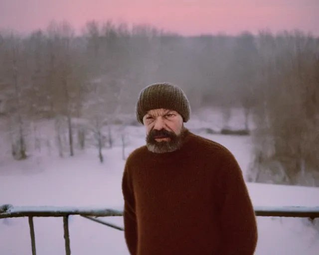 Image similar to lomographic tarkovsky film still of 4 0 years russian man with beard and sweater standing on small hrushevka 9 th floor balcony full with cigarette smoke in winter taiga looking at sunset, cinestill, bokeh