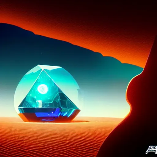 Prompt: big angular translucent crystal in the desert, reflection from the crystal is sparkling due to sun, small retro starship is near, futuristic hi-tech details, art by anthony macbain + greg rutkowski + alphonse mucha, concept art, 4k, sharp focus, cinematic render unreal engine