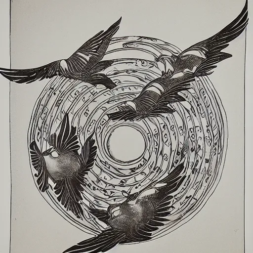 Prompt: an opened spiral with three flying birds, representing liberty, ink, black watercolour