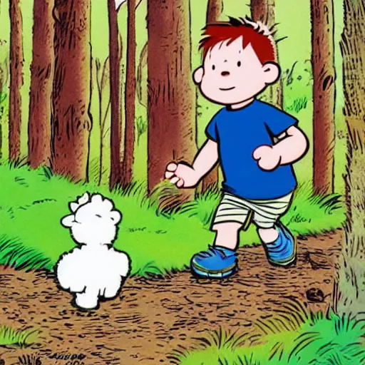 Prompt: a wide angle illustration of a very cute baby with large cheeks, blue eyes and short blonde hair. he is holding a stuffed toy llama and walking in the forest. illustrated in the style of bill watterson in the comicbook calvin and hobbes
