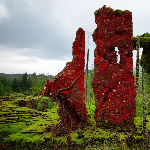 Image similar to the ruins of a giant stone brick village in a breathtaking landscape, red vines and moss growing over everything, a broken stone statue of a man with a red stone sword pointing into the distance