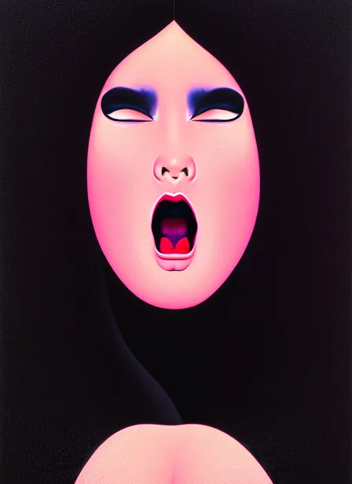 Image similar to japanese animation, portrait closeup of screaming black glossy dark carbon big woman, sensual pose, by shusei nagaoka, kaws, david rudnick, airbrush on canvas, pastell colours, cell shaded, 8 k