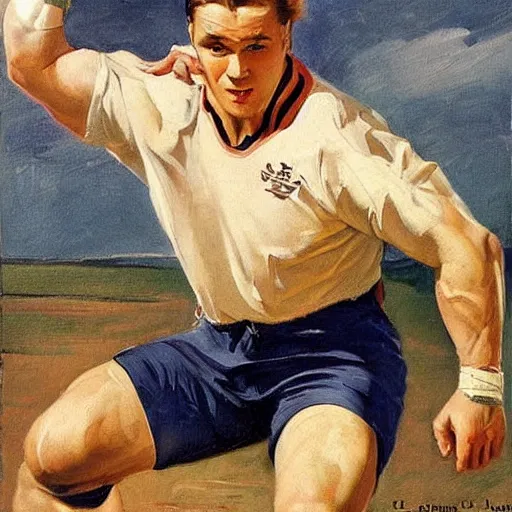 Image similar to handsome rugby player in a running pose, holding the rugby ball in his arm, full color painting by J.C. Leyendecker