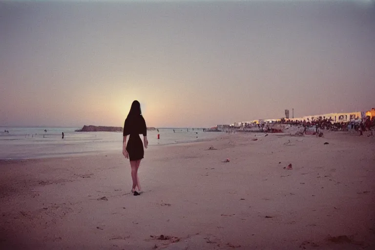 Image similar to 35mm color lomography, last photo, portrait, fashion shoot, weird, random, strange, spooky, interesting, ibiza beach at dawn