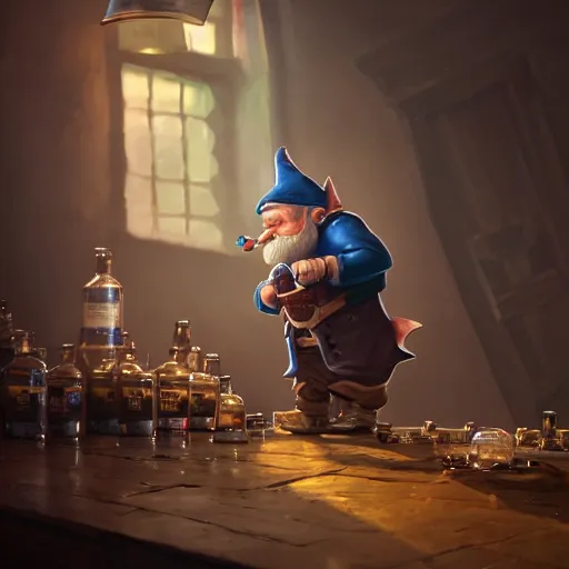 Prompt: A Gnome brewmaster inspecting the whiskey in his flask by Greg Rutkowski, 4k photorealistic, volumetric lighting, HD, high details, dramatic, trending on artstation