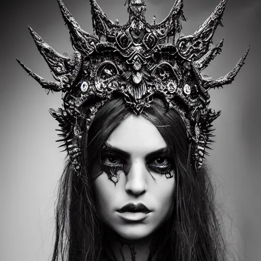 Image similar to a portrait of female model by stefan geselle and nekro borja, photorealistic, intricate details, hyper realistic, dark fantasy, ornate headpiece, dark beauty, photorealistic, canon r 3, photography, wide shot, photography, dark beauty, symmetrical features, beautiful face