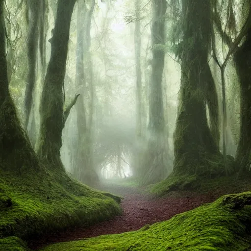 Image similar to the wood between the worlds, narnia, a forest filled with pools of water, lush green forest, moss,