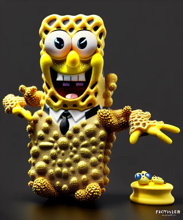 Prompt: complex 3 d render of a porcelain spongebob. gold and black, 1 5 0 mm, beautiful natural soft light, rim light, gold fractal details, fine lace, mandelbot fractal, anatomical, glass, facial muscles, elegant, ultra detailed, metallic armor, octane render