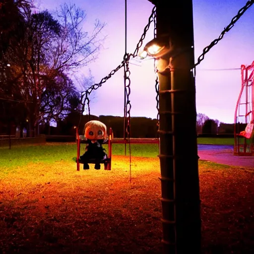 Prompt: a scary doll on a swing at a park, nighttime, real photo, realistic, hyper - realism, maximalist, horror movie, caution tape, illuminated by street lights, knife