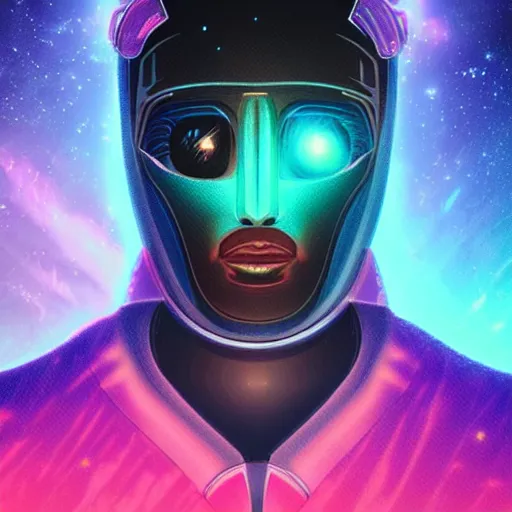 Image similar to portrait from a avian alien species, synthwave, universe background, nebula, galaxy, artstation