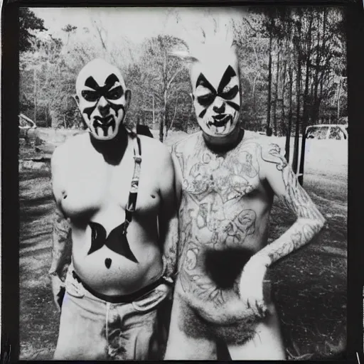 Image similar to found polaroid photo of juggalo trash humpers, wtf