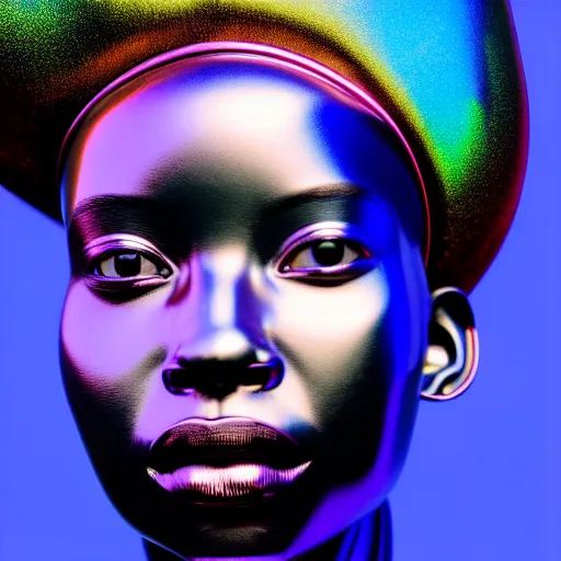 Prompt: portrait of metallic robot face, african woman, iridescent colors, smooth reflections, proud looking away, outdoor, blue sky, 8 k, realistic, depth of field, highly detailed, award winning photography, by richard mosse