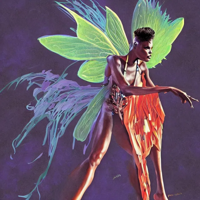 Image similar to grace jones as a fairy, hd, concept art, digital painting, by james gurney